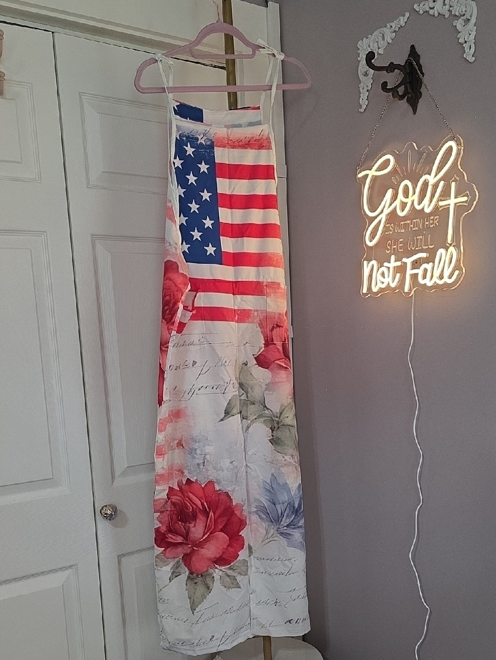 Americana 4th Of JULY LIGHTWEIGHT American Flag & Floral Print -overalls